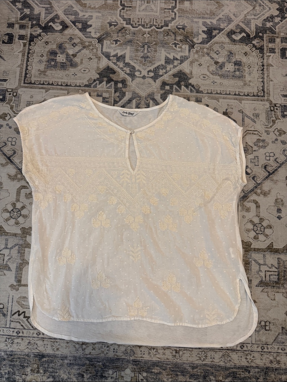 Lucky Brand Women’s Medium Ivory Embroidered Swiss Dot Boho Peasant Blouse